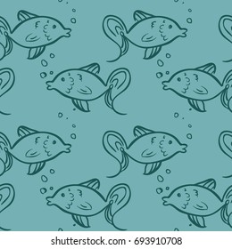 Seamless pattern with fishes on blue background