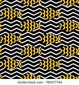 Seamless pattern with fishes on blue stripes background