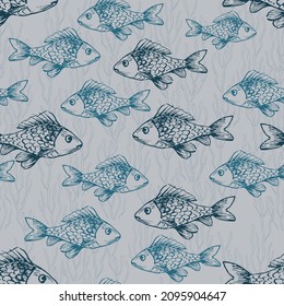 Nahtloses Muster mit Fischen auf grauem Hintergrund. Handzeichnete Tintenumrisskunst. Blaue Skizzen unter Wasser. Gut bedruckt für Tapeten, Textilien, Wickelpapier, Keramikfliesen. Vektorgrafik
