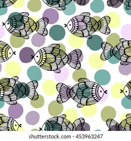 Seamless pattern with fishes on a polka dot background.