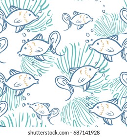 Seamless pattern with fishes on seaweed background