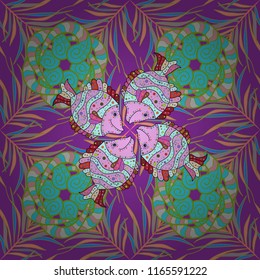Seamless pattern. Fishes on violet, blue and pink. Handdrawn. Vector illustration. Reaver fish on colored background.