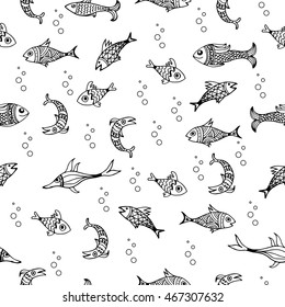 Seamless pattern with fishes on white background. Monochrome pattern. Masked easy editable seamless pattern.