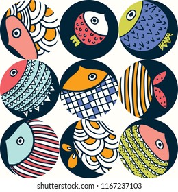 Seamless pattern with fishes and polka dots. Cute fish, seamless background 