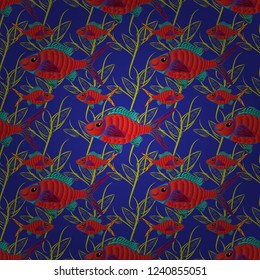 Seamless pattern with fishes. Fishes in red, blue and orange colors. Vector illustration. Decorative ornament. Abstract vector pattern of repeating and alternating constituent elements.