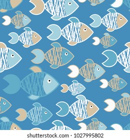 Seamless pattern with fishes in the sea. Cute cartoon. Textile rapport.