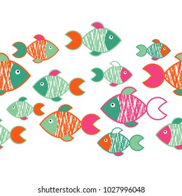 Seamless pattern with fishes in the sea. Cute cartoon. Textile rapport.