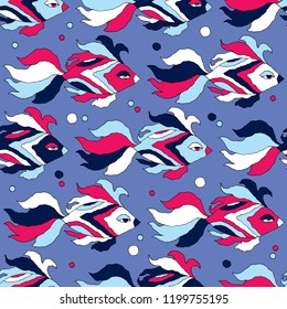 Seamless pattern with fishes in the sea. Cute cartoon. Brushwork. Hand hatching. Doodle. Can be used for wallpaper, textile, invitation card, wrapping, web page background.