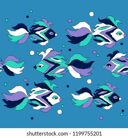 Seamless pattern with fishes in the sea. Cute cartoon. Brushwork. Hand hatching. Doodle. Can be used for wallpaper, textile, invitation card, wrapping, web page background.