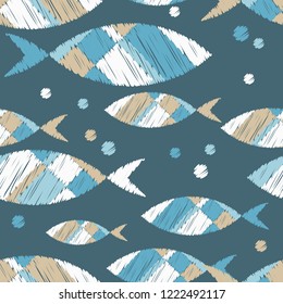 Seamless pattern with fishes in the sea. Cute cartoon. Brushwork. Hand hatching. Doodle. Can be used for wallpaper, textile, invitation card, wrapping, web page background.