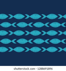 Seamless pattern with fishes in the sea. Cute cartoon. Brushwork. Hand hatching. Doodle. Can be used for wallpaper, textile, invitation card, wrapping, web page background.