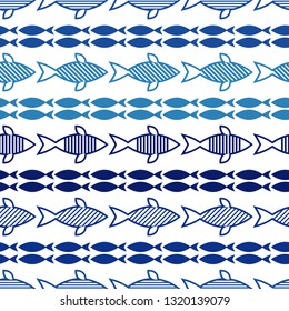 Seamless pattern with fishes in the sea. Cute cartoon. Doodle. Can be used for wallpaper, textile, invitation card, wrapping, web page background.