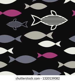 Seamless pattern with fishes in the sea. Cute cartoon. Doodle. Can be used for wallpaper, textile, invitation card, wrapping, web page background.