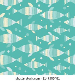 Seamless pattern with fishes in the sea. Embroidery stitch. Cute cartoon. Textile rapport.