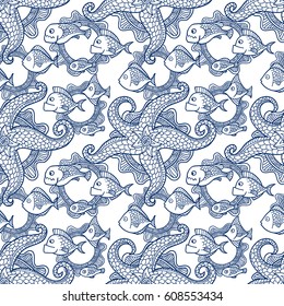 Seamless pattern with fishes and sea star.