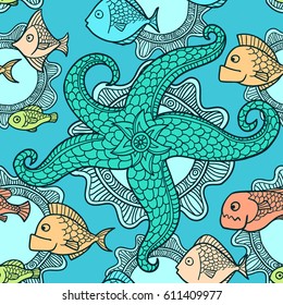 Seamless pattern with fishes and sea star.