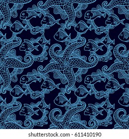 Seamless pattern with fishes and sea star.