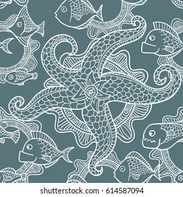 Seamless pattern with fishes and sea star.