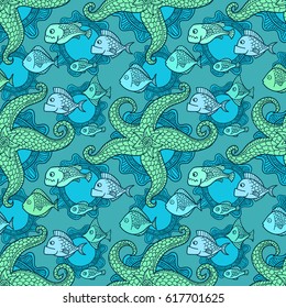 Seamless pattern with fishes and sea star. Sea animals.