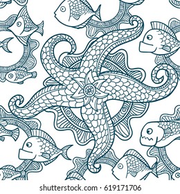 Seamless pattern with fishes and sea star.