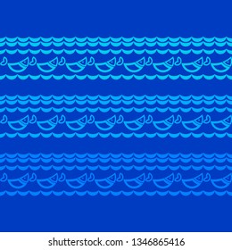 Seamless pattern with fishes in the sea. Waves. Cute cartoon. Can be used for wallpaper, textile, invitation card, wrapping, web page background.