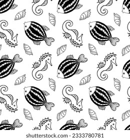 Seamless pattern with fishes, seahorses and shells. Black and white hand drawn vector illustration. Seamless background. Wallpaper design. Fabric design. Simple vector pattern with cute fishes.