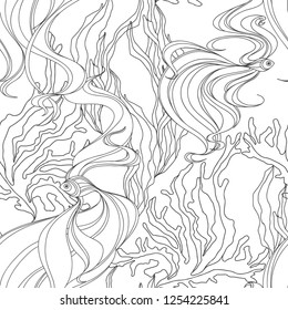 Seamless pattern with fishes and seaweed . Black and white vector illustration.