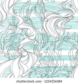 Seamless pattern with fishes and seaweed . Vector illustration on a striped background.