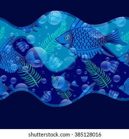 Seamless pattern with fishes, seaweeds, air bubbles and scallops. Blue aquarium. Vector background.