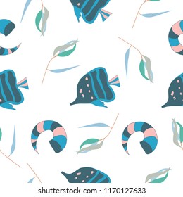 Seamless pattern with fishes and shell on white background as fabric, textile, clothes. Vector illustration