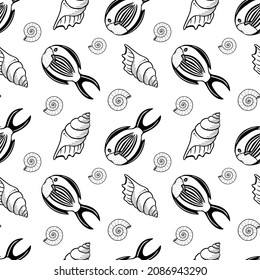 Seamless pattern with fishes and shells. Black and white hand drawn vector illustration. Seamless background. Wallpaper design. Fabric design. Simple vector pattern with cute fishes.