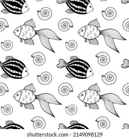 Seamless pattern with fishes and shells. Black and white hand drawn vector illustration. Seamless background. Wallpaper design. Fabric design. Simple vector pattern with cute fishes.