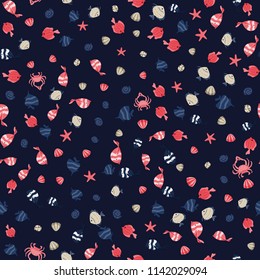Seamless pattern with fishes, shells and crab. Stock vector