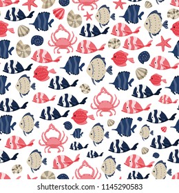 Seamless pattern with fishes, shells and crab. Stock vector