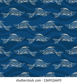 Seamless pattern of fishes silhouettes with abstract waves on background. Australian art. Aboriginal painting style. Vector color background.