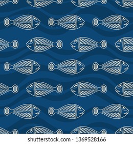 Seamless pattern of fishes silhouettes with abstract waves on background. Australian art. Aboriginal painting style. Vector color background.