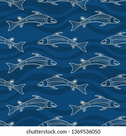 Seamless pattern of fishes silhouettes with abstract waves on background. Australian art. Aboriginal painting style. Vector color background.