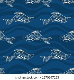 Seamless pattern of fishes silhouettes with abstract waves on background. Australian art. Aboriginal painting style. Vector color background.