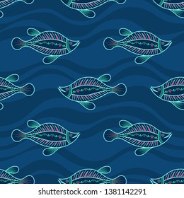 Seamless pattern of fishes silhouettes with abstract waves on background. Australian art. Aboriginal painting style. Vector color background.