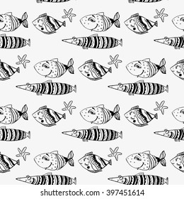 Seamless pattern with fishes and starfish. Hand drawn graphic background.