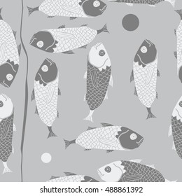 Seamless pattern with fishes, stripe. Hand drawn.