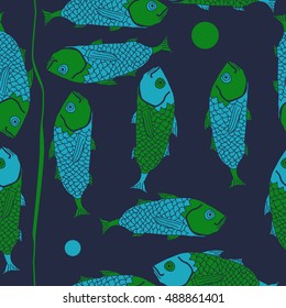 Seamless pattern with fishes, stripe. Hand drawn.