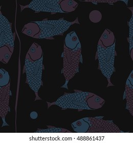 Seamless pattern with fishes, stripe. Hand drawn.