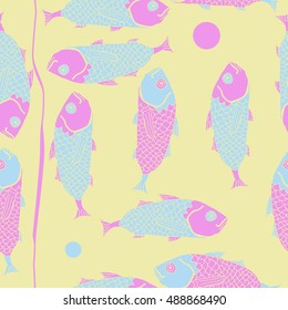 Seamless pattern with fishes, stripe. Hand drawn.