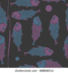 Seamless pattern with fishes, stripe. Hand drawn.