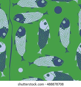 Seamless pattern with fishes, stripe. Hand drawn.