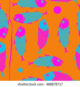 Seamless pattern with fishes, stripe. Hand drawn.