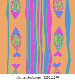 Seamless   pattern with fishes and striped motif, spots,fish, ellipses, . Hand drawn.
