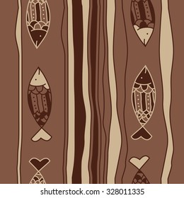 Seamless   pattern with fishes and striped motif, spots,fish, ellipses, . Hand drawn.
