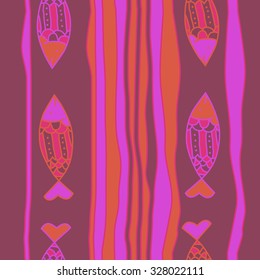 Seamless   pattern with fishes and striped motif, spots,fish, ellipses, . Hand drawn.